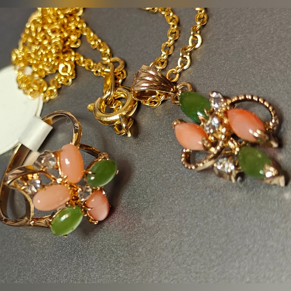 Elegant 14K Gold Plated Ring & Pendant with Jadeite and Pink Salmon Coral